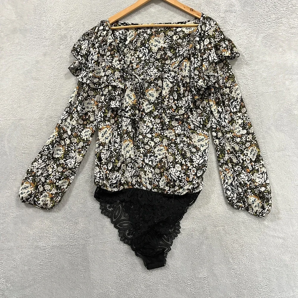 Free People Women's Large Black-Multi Pattern Bodysuit Blouse Preppy Floral Tie